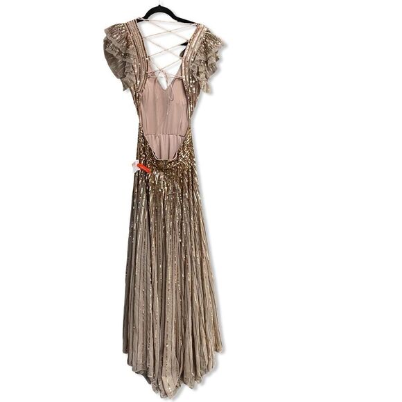 MAC DUGGAL Beige Sequined Cut Out Ruffled Cap Sleeve Lace Up Gown 5568 NWT 4 - Picture 8 of 15